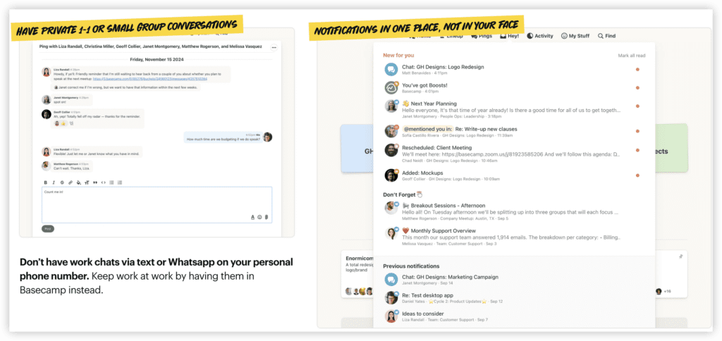 Basecamp产品页截图，含核心功能界面