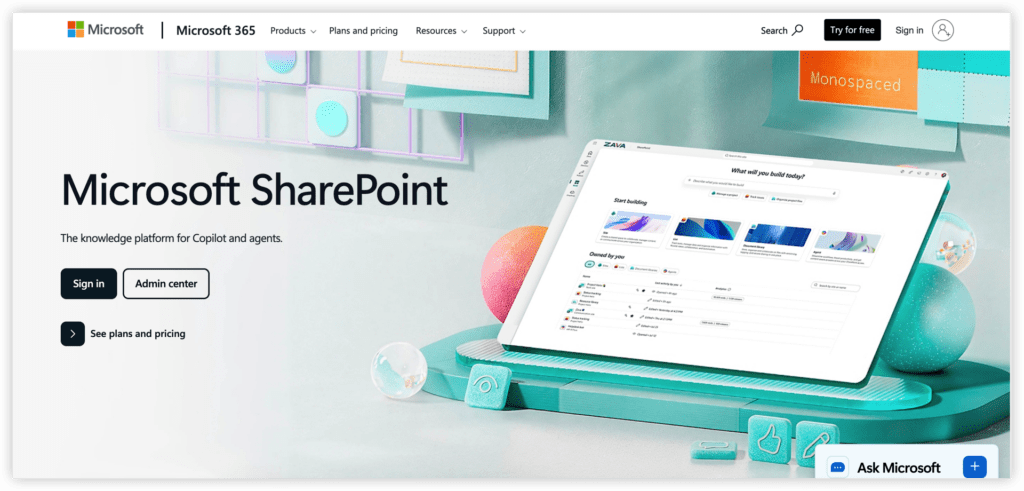 Microsoft SharePoint产品页截图，含核心功能界面