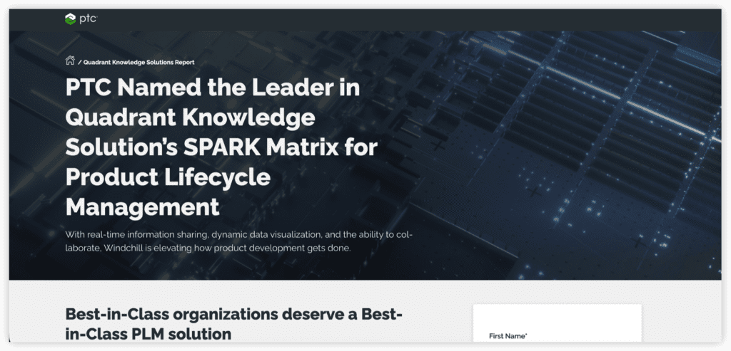 PTC Windchill产品页截图，含核心功能界面