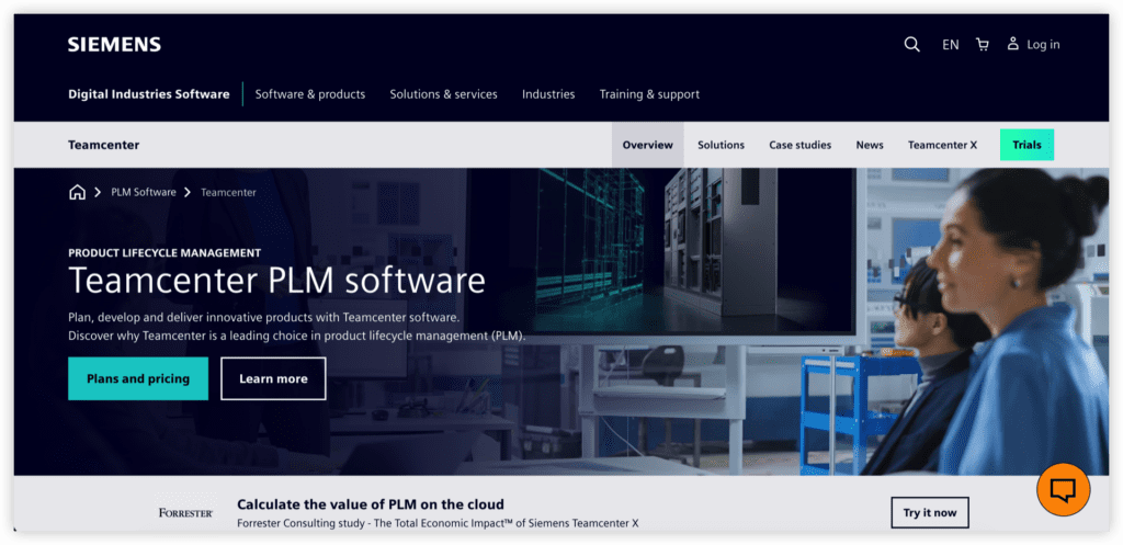 Siemens Teamcenter产品页截图，含核心功能界面